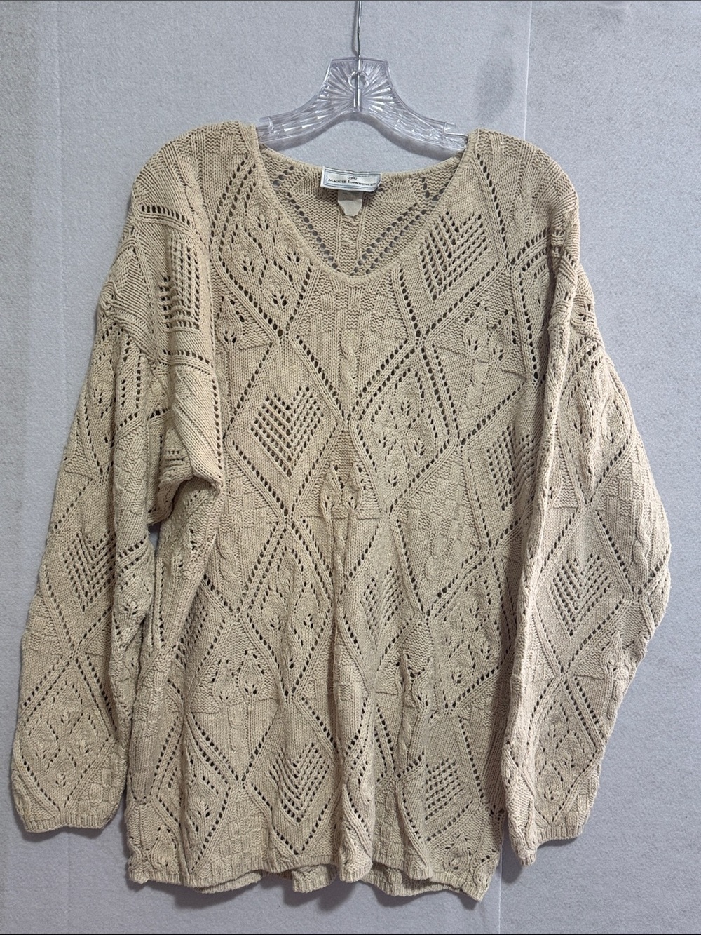 Maggie Lawrence Vintage Women's Beige Openwork V-Neck Knit Sweater